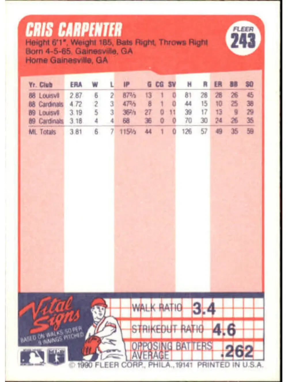 1990 Cris Carpenter Fleer Baseball Card #243